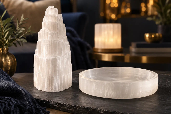 White selenite tower and dish with a softly lit mineral lamp in the background.