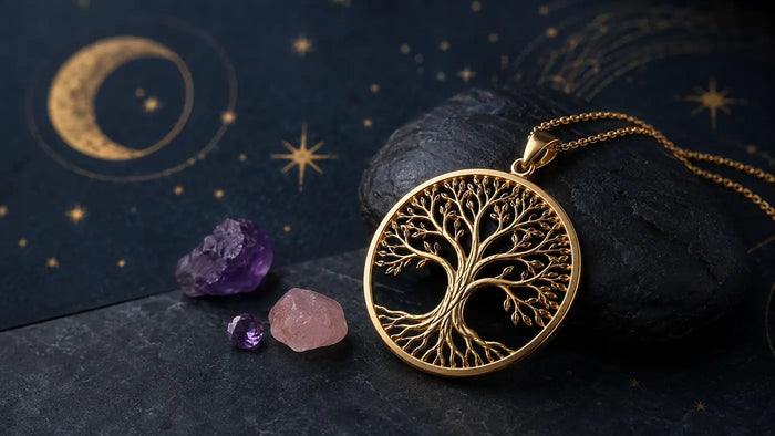 Pendentif Arbre de Vie doré avec pierres naturelles sur fond céleste