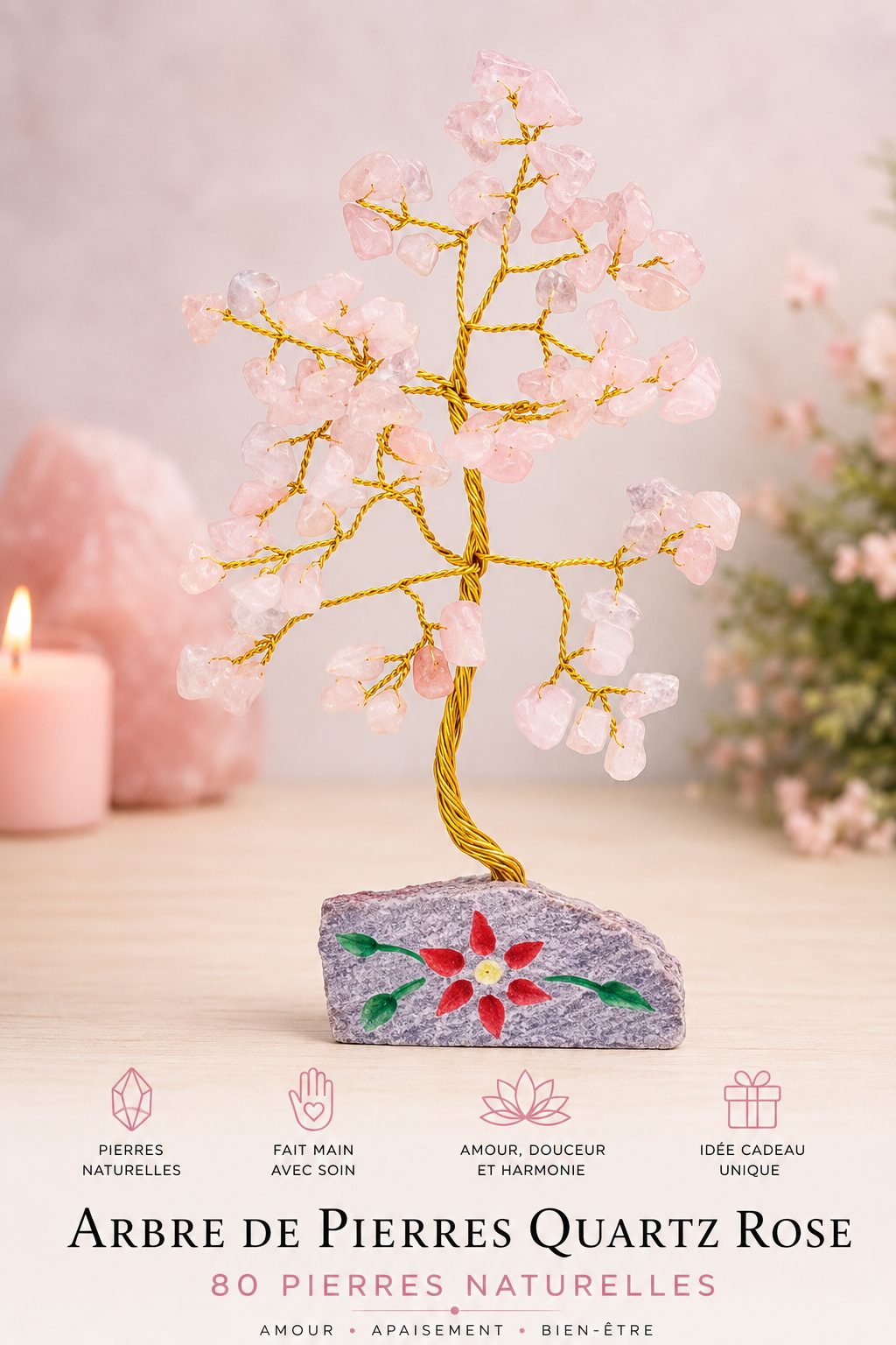 Arbre de pierres quartz rose 80 pierres naturelles Brillanceleste