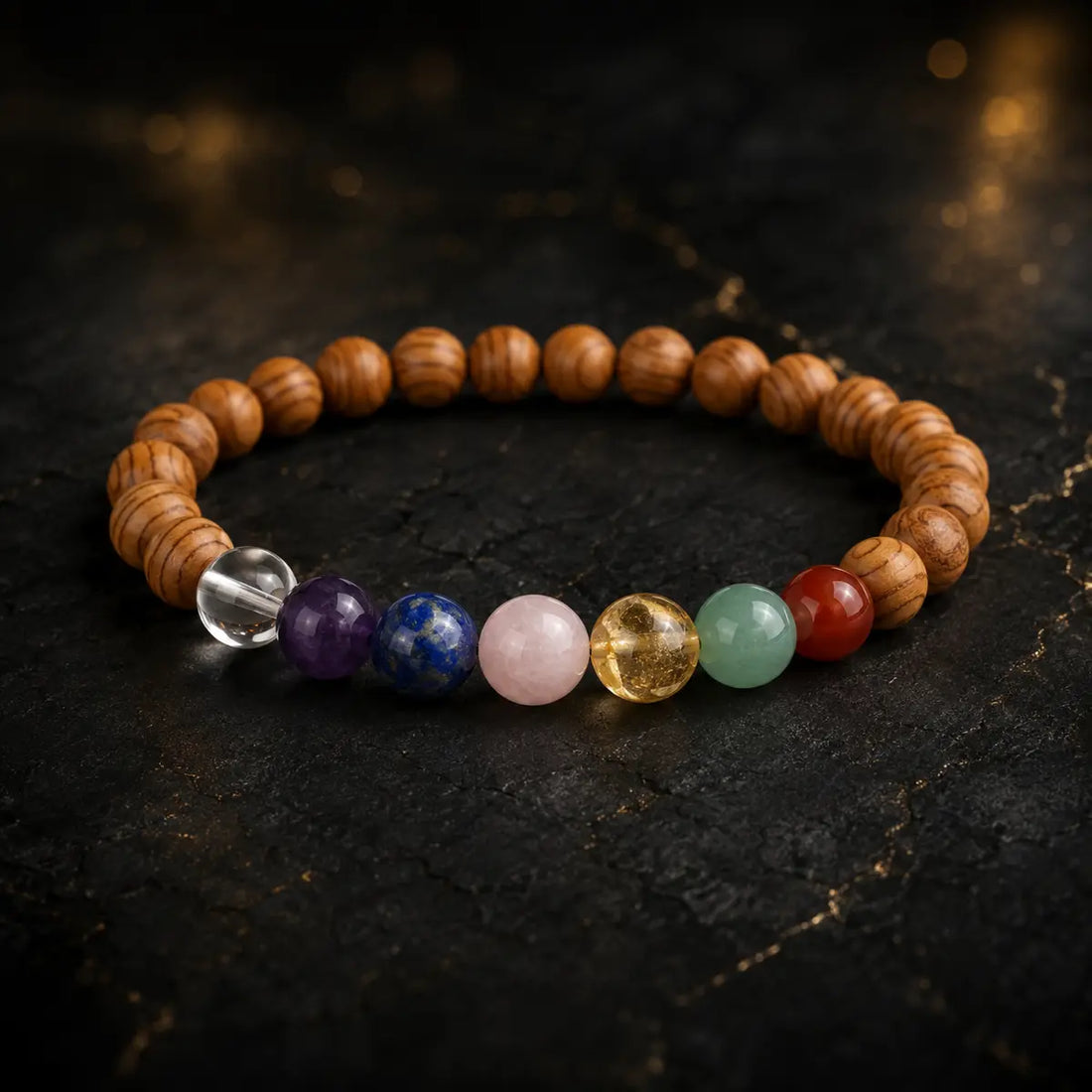 Bracelet en bois de cèdre avec sept perles chakra colorées sur fond sombre aux reflets dorés