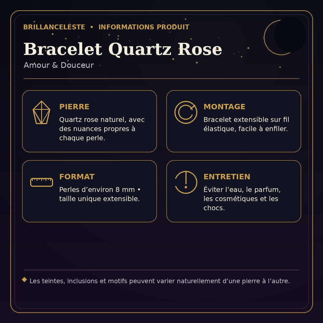Informations Bracelet Quartz Rose Brillanceleste : pierre, montage, format et entretien
