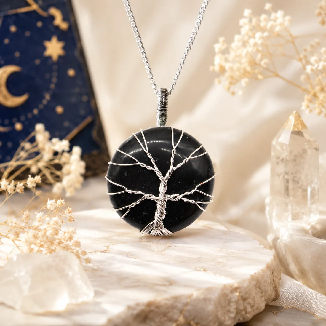 Collier Arbre de Vie en onyx noir avec pendentif argenté – Brillanceleste