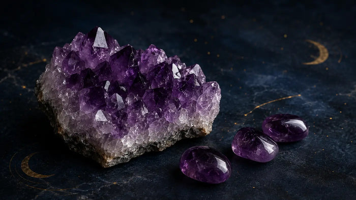 Cristaux d’améthyste violette sur un fond sombre et céleste