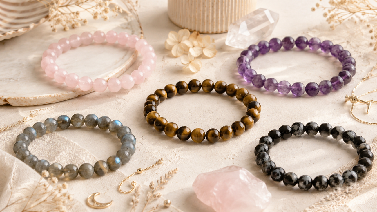 Bracelets en pierres naturelles : quartz rose, améthyste, œil de tigre, labradorite et pierre noire.