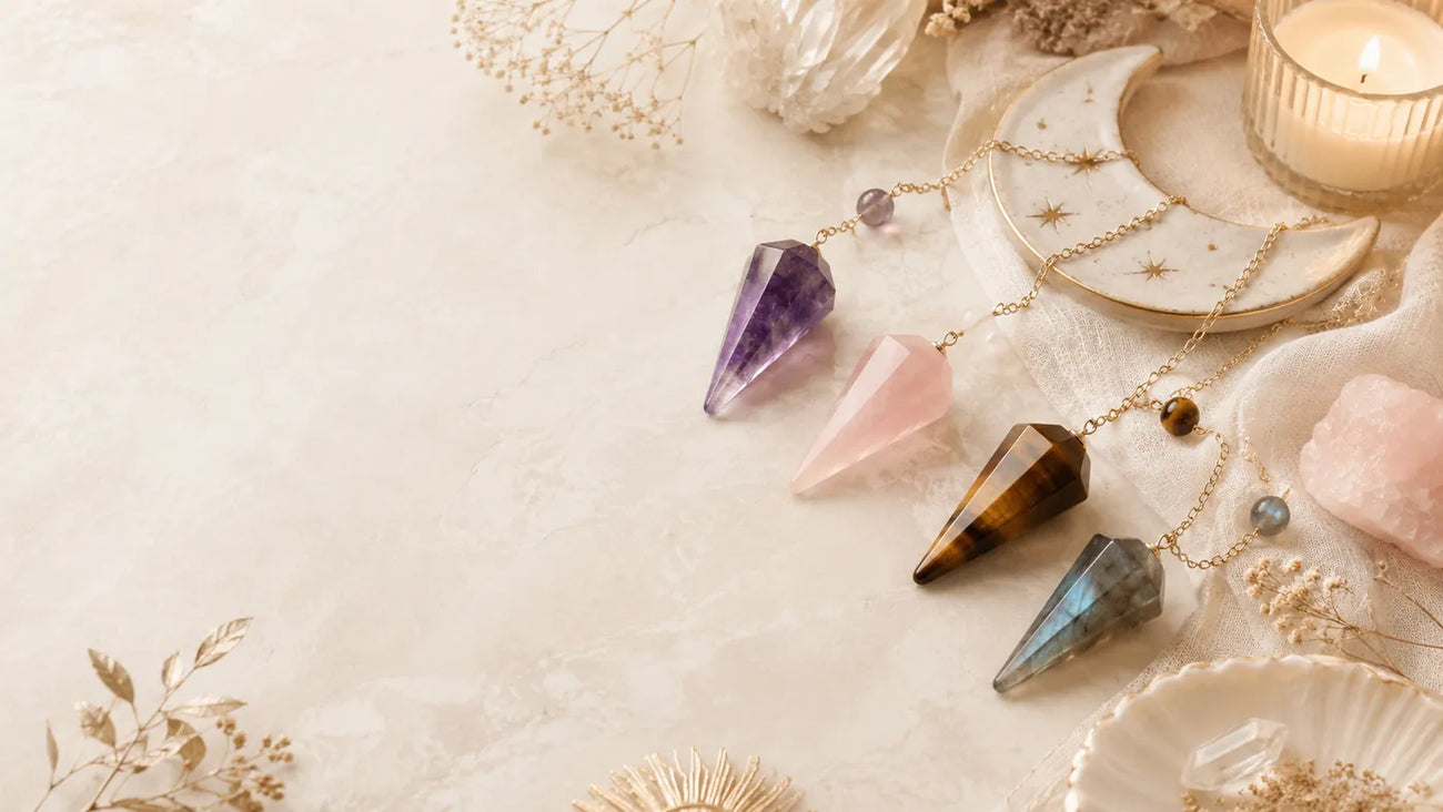Pendules en pierres naturelles améthyste, quartz rose, œil de tigre et labradorite