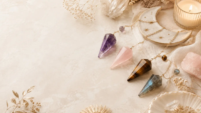 Pendules en pierres naturelles améthyste, quartz rose, œil de tigre et labradorite