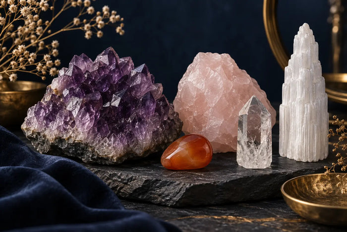 Améthyste, quartz rose, cornaline, cristal de roche et sélénite réunis dans une composition minérale.