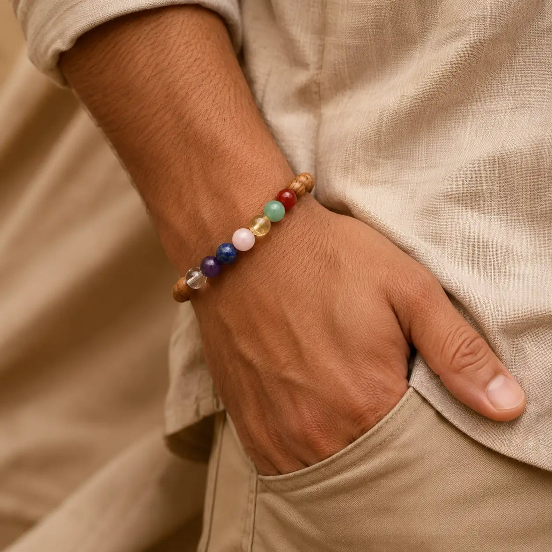 Cedar Wood & 7 Chakras Bracelet – Natural Stones
