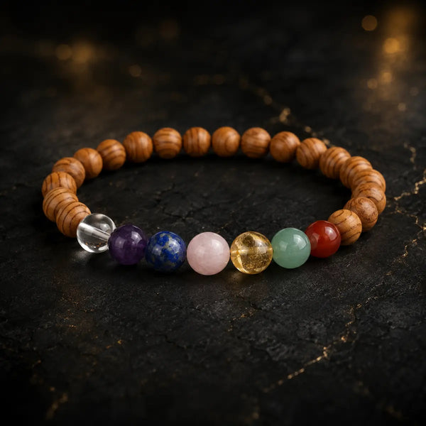 Bracelet en bois de cèdre avec sept perles chakra colorées sur fond sombre aux reflets dorés