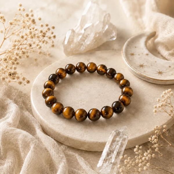 Bracelet en œil de tigre naturel sur décor beige et cristaux Brillanceleste