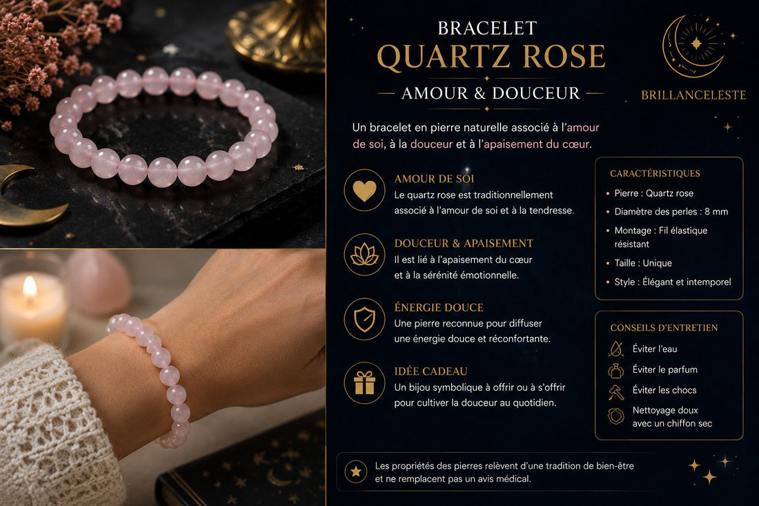 Bracelet Quartz Rose Amour et Douceur porté au poignet avec informations produit Brillanceleste