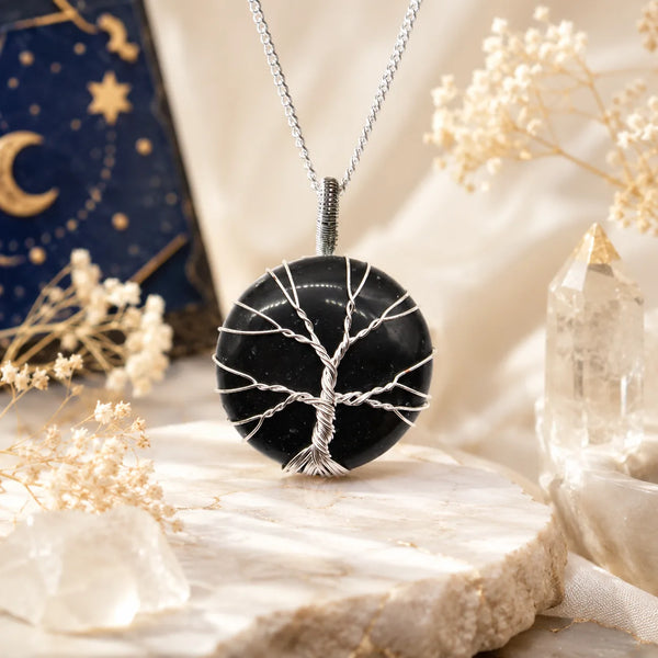 Collier Arbre de Vie en onyx noir avec pendentif argenté – Brillanceleste