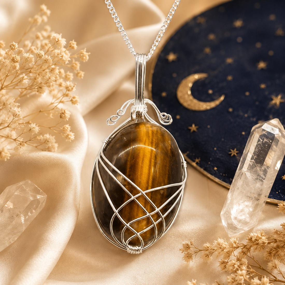 Collier spirale en œil de tigre avec pendentif argenté Brillanceleste