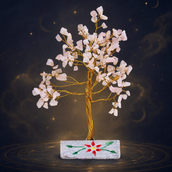 Grand Arbre Quartz Rose 160 pierres sur fond mystique Brillanceleste