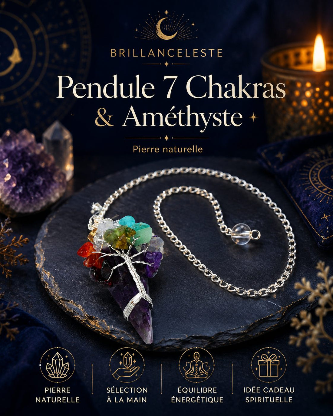 Pendule 7 chakras et améthyste en pierre naturelle Brillanceleste