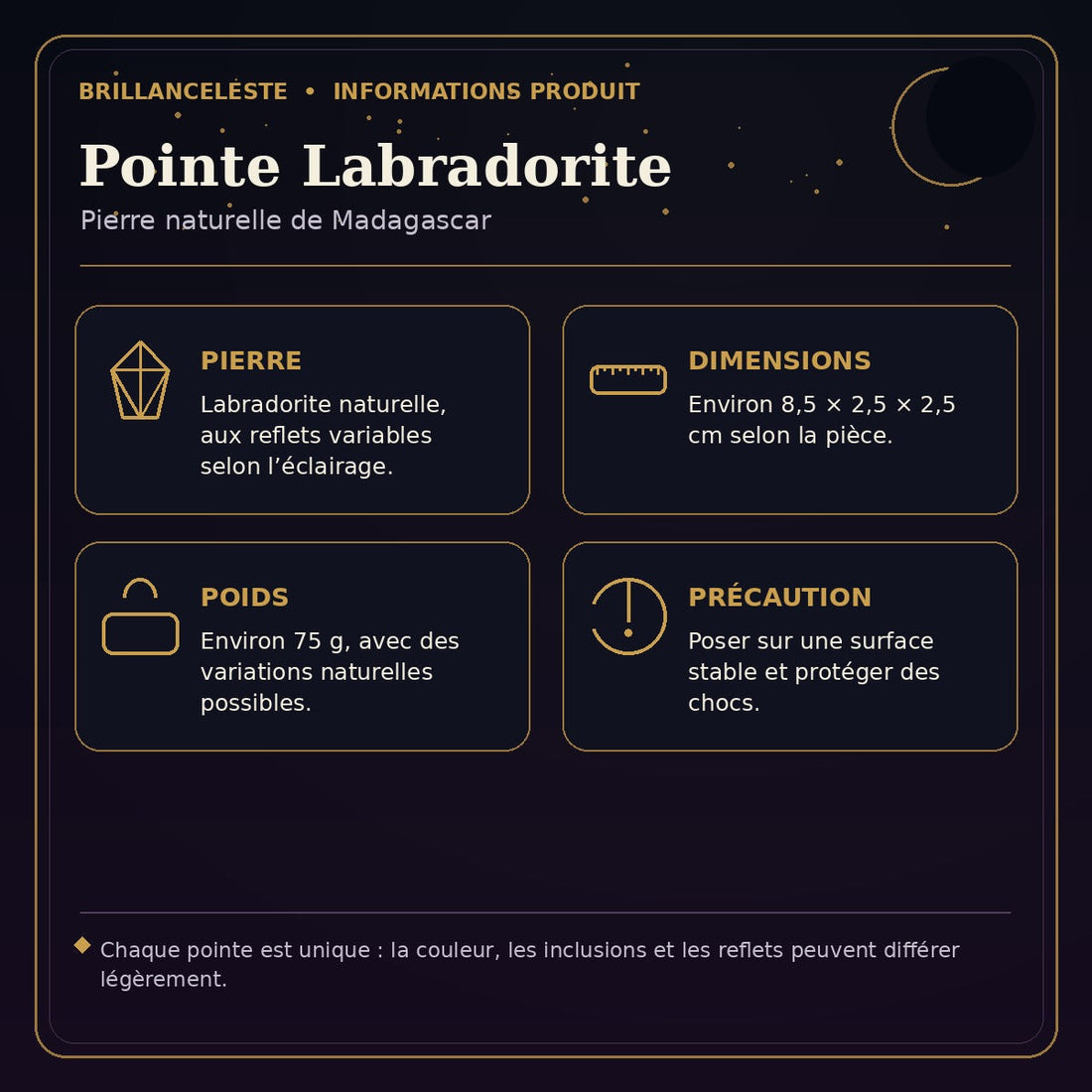 Informations Pointe Labradorite Brillanceleste : pierre, dimensions, poids et précautions