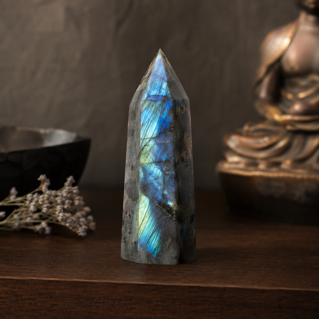 Pointe Labradorite de Madagascar mise en scène sur meuble en bois, Brillanceleste