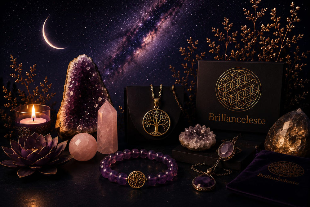Univers céleste Brillanceleste avec pierres naturelles, bijoux, lune et ambiance mystique